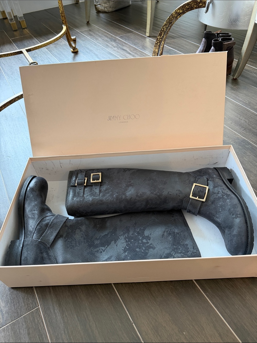 Jimmy Choo Black Leather Buckle Knee-High Boots